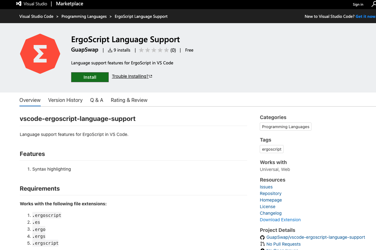 ErgoScript Visual Studio Support preview